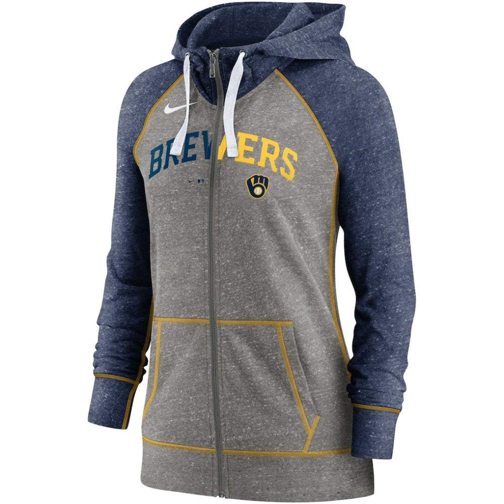 MLB Milwaukee Brewers Nike Women's Split Wordmark Gym Vintage Raglan Lightweight Full-Zip Hoodie