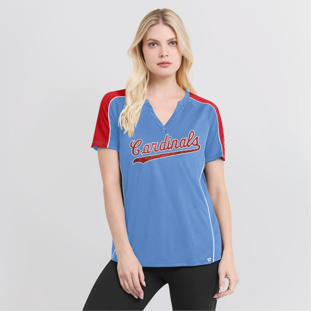 MLB St. Louis Cardinals Fanatics Women's Light Blue/Red True Classic League Diva Pinstripe Raglan V-Neck T-Shirt