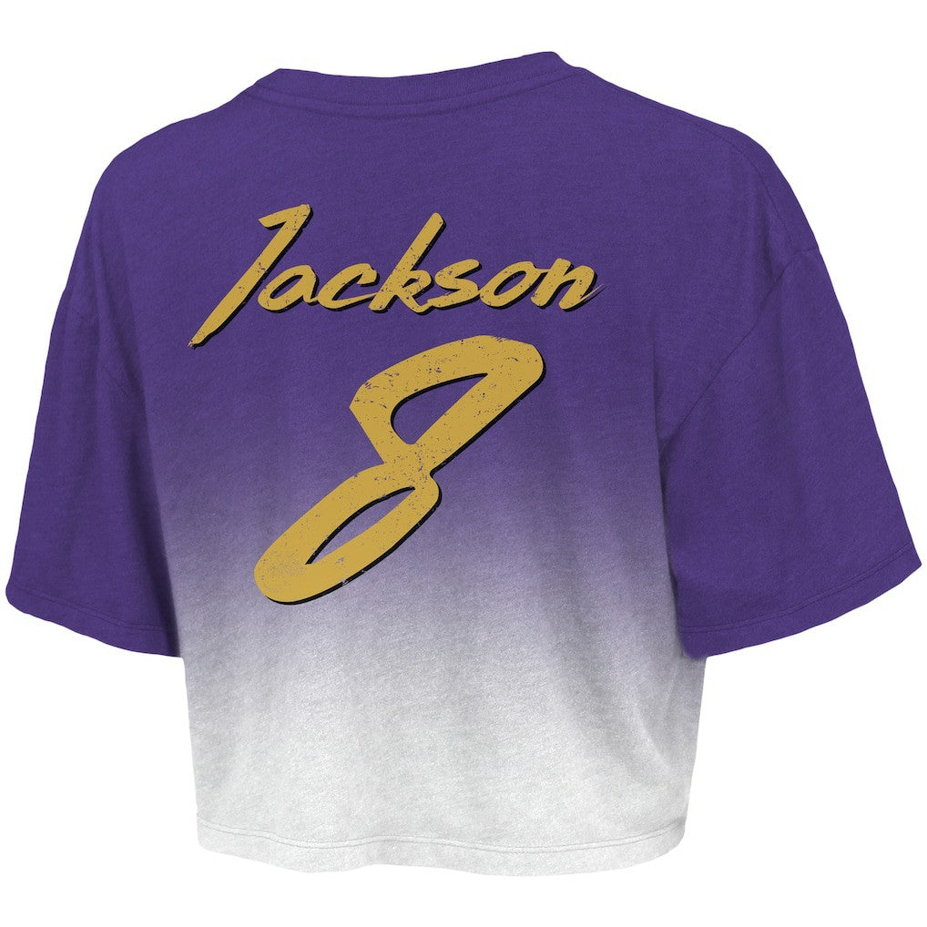 Lamar Jackson  Majestic Threads Women's Dip-Dye Player Name & Number Crop Top - Baltimore Ravens