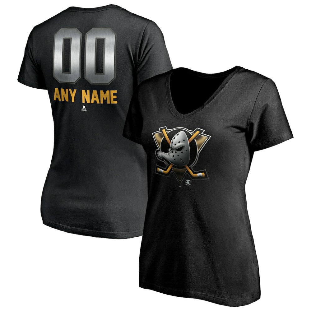 NHL Black Anaheim Ducks Women's Personalized Midnight Mascot Logo V-Neck T-Shirt