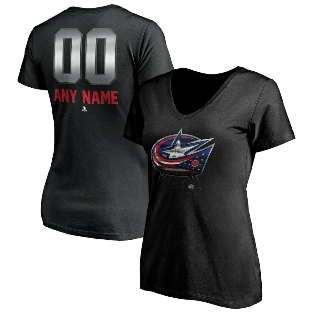NHL Black Columbus Blue Jackets Women's Personalized Midnight Mascot Logo V-Neck T-Shirt
