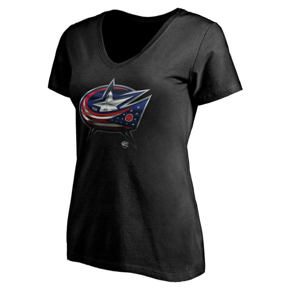NHL Black Columbus Blue Jackets Women's Personalized Midnight Mascot Logo V-Neck T-Shirt