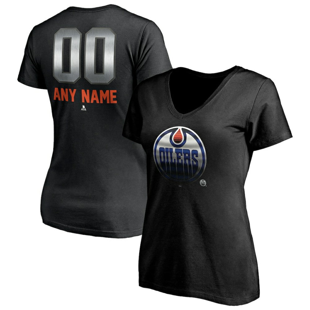 NHL Black Edmonton Oilers Women's Personalized Midnight Mascot Logo V-Neck T-Shirt