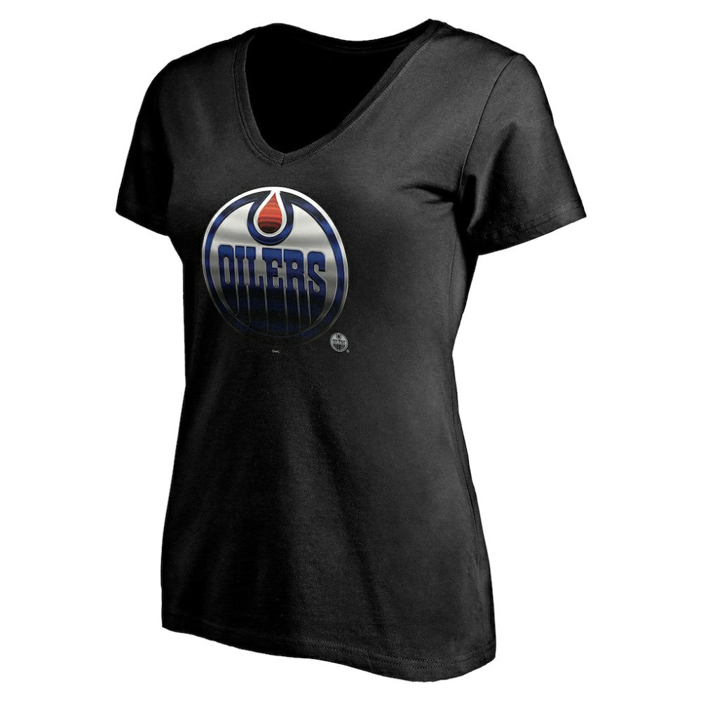 NHL Black Edmonton Oilers Women's Personalized Midnight Mascot Logo V-Neck T-Shirt