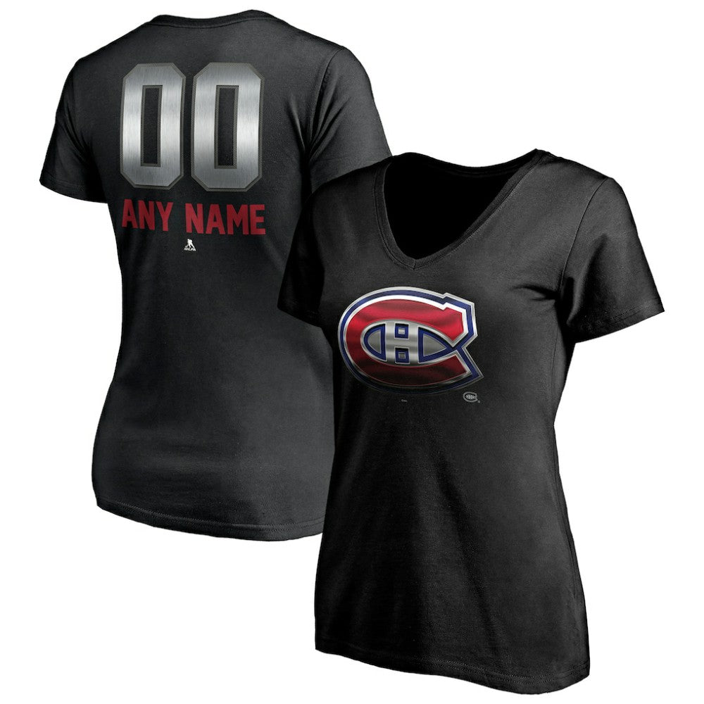 NHL Black Montreal Canadiens Women's Personalized Midnight Mascot Logo V-Neck T-Shirt