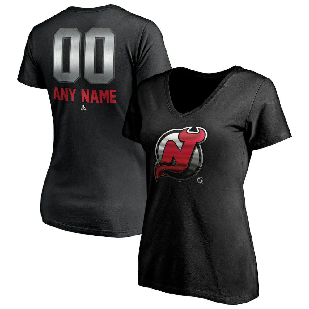 NHL Black New Jersey Devils Women's Personalized Midnight Mascot Logo V-Neck T-Shirt