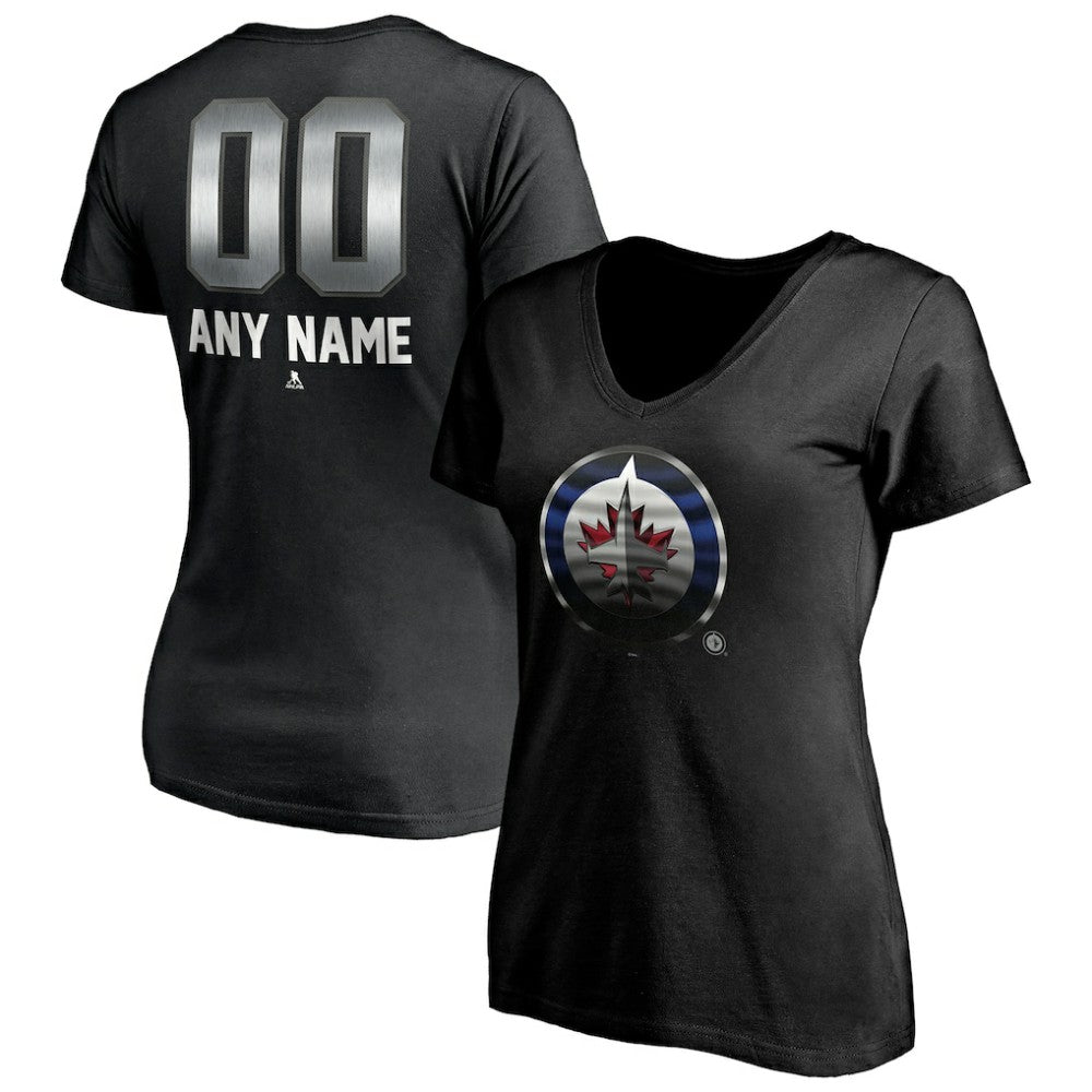 NHL Black Winnipeg Jets Women's Personalized Midnight Mascot Logo V-Neck T-Shirt