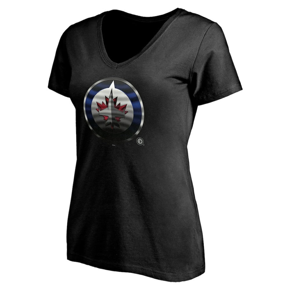 NHL Black Winnipeg Jets Women's Personalized Midnight Mascot Logo V-Neck T-Shirt
