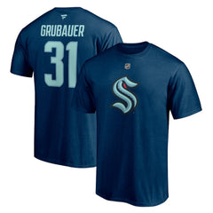 NHL Deep Sea Blue Philipp Grubauer Seattle Kraken Fanatics Authentic Stack Name & Number T-Shirt