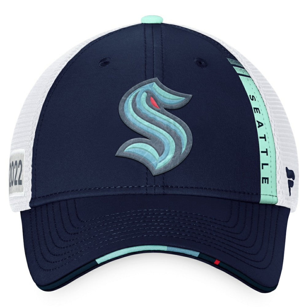 NHL Navy/White Seattle Kraken Fanatics 2022 NHL Draft Authentic Pro On Stage Trucker Adjustable Hat