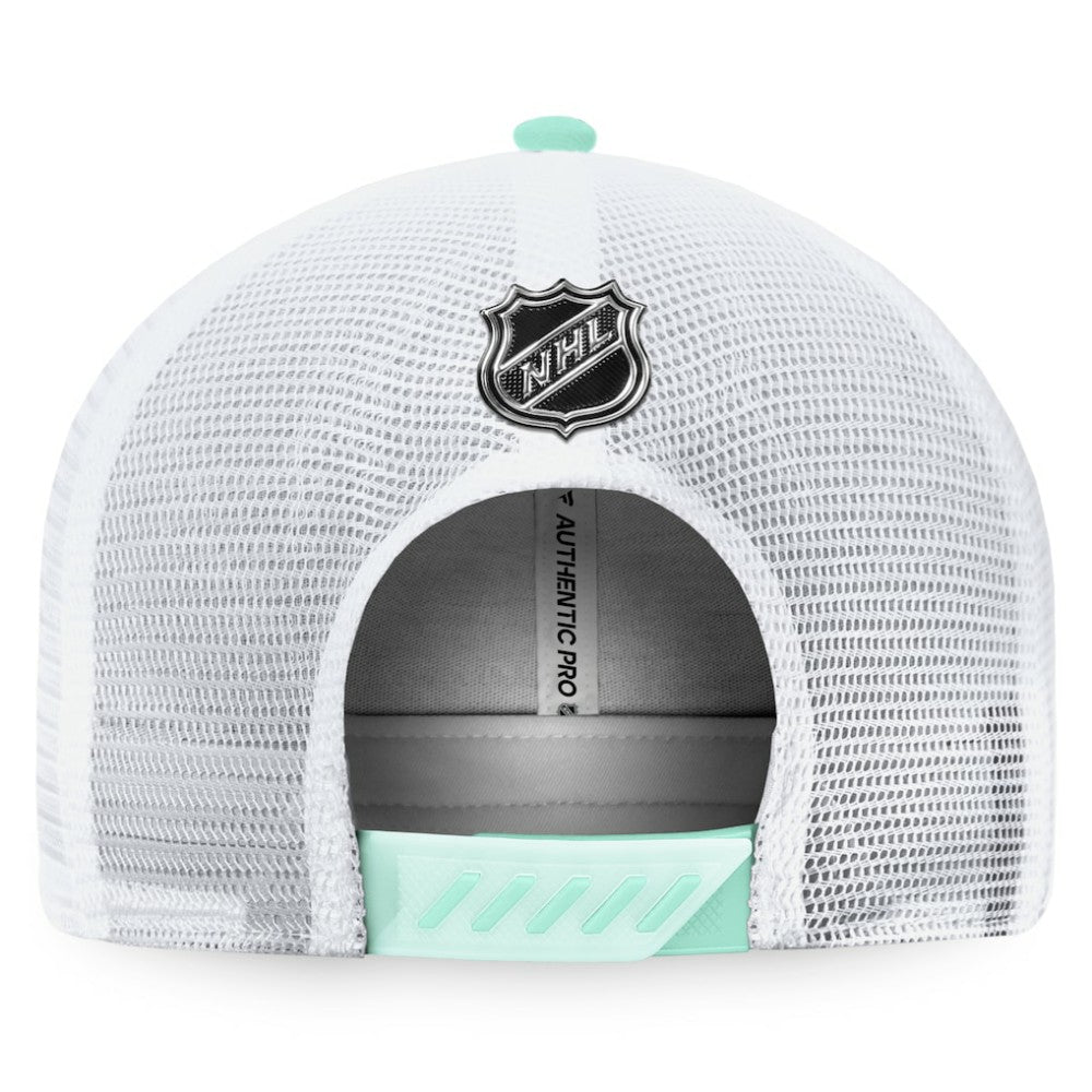 NHL Navy/White Seattle Kraken Fanatics 2022 NHL Draft Authentic Pro On Stage Trucker Adjustable Hat
