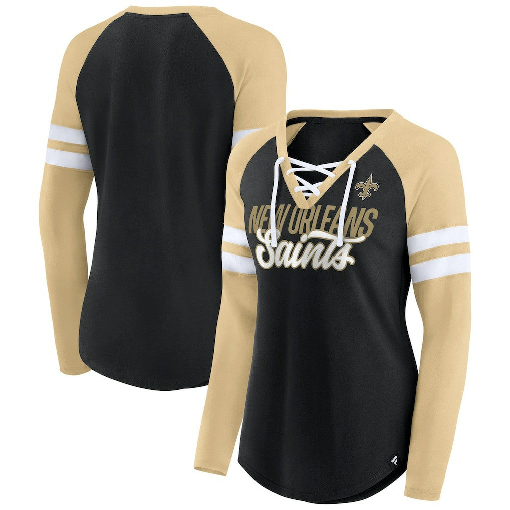 Women's True to Form Raglan Lace-Up V-Neck Long Sleeve T-Shirt - New Orleans Saints