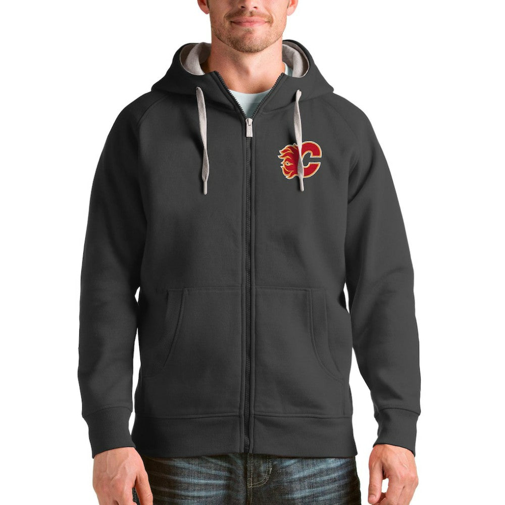 NHL Charcoal Calgary Flames Antigua Logo Victory Full-Zip Hoodie