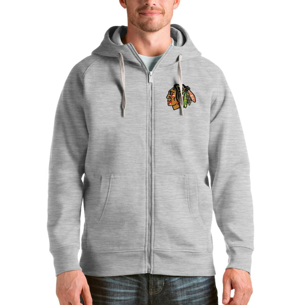 NHL Heathered Gray Chicago Blackhawks Antigua Logo Victory Full-Zip Hoodie