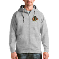 NHL Heathered Gray Chicago Blackhawks Antigua Logo Victory Full-Zip Hoodie