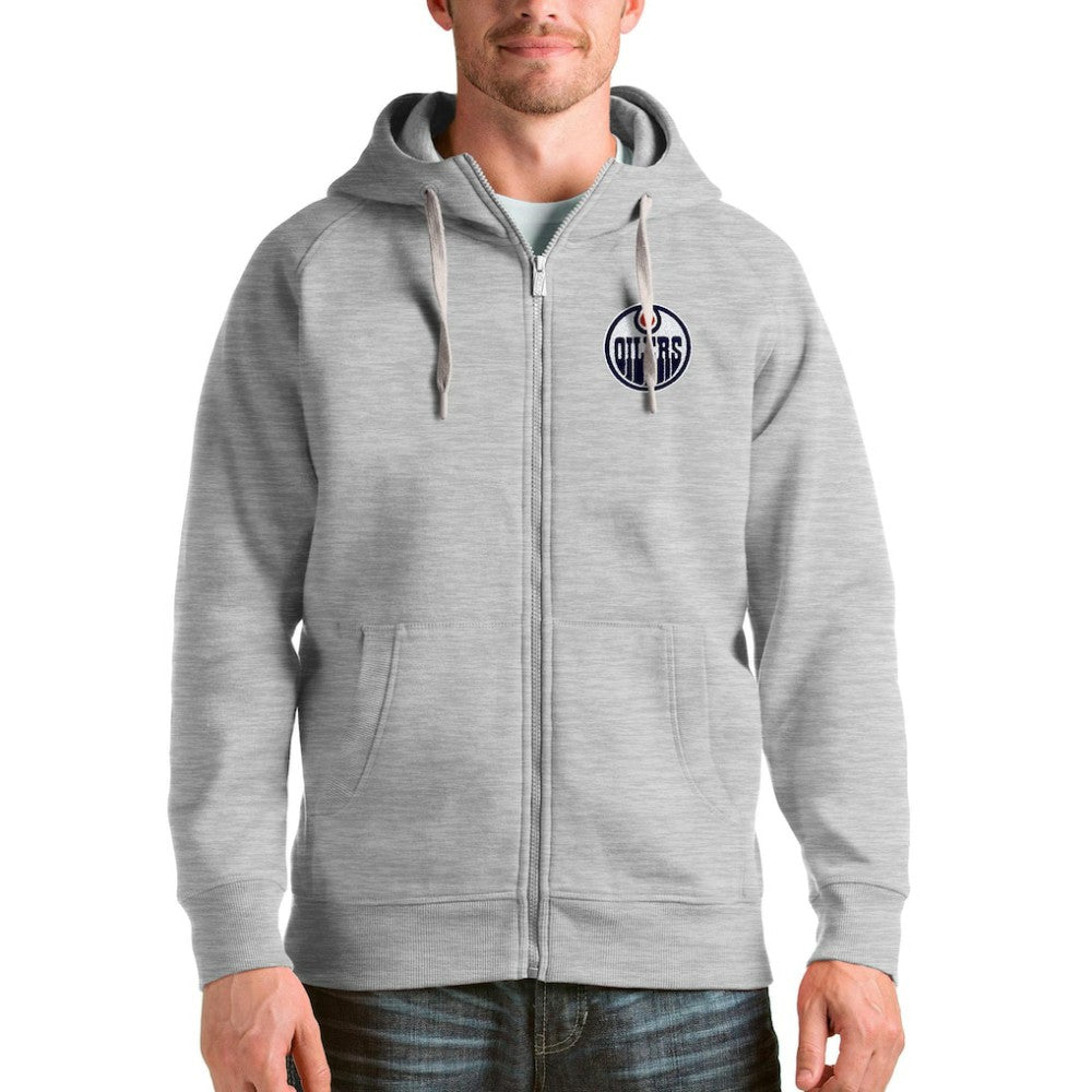 NHL Heathered Gray Edmonton Oilers Antigua Logo Victory Full-Zip Hoodie
