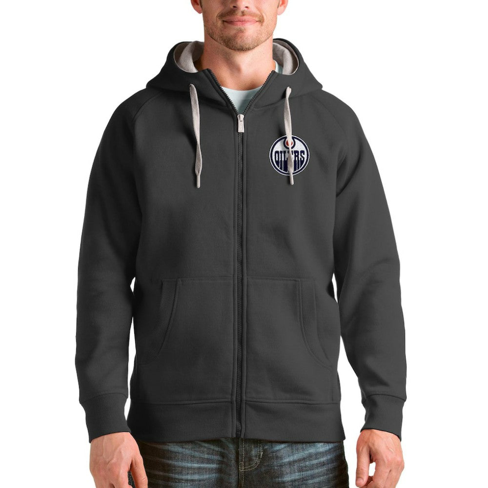 NHL Charcoal Edmonton Oilers Antigua Logo Victory Full-Zip Hoodie
