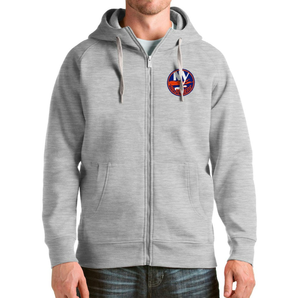NHL Heathered Gray New York Islanders Antigua Logo Victory Full-Zip Hoodie