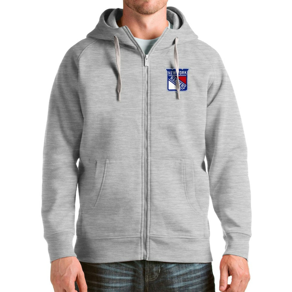 NHL Heathered Gray New York Rangers Antigua Logo Victory Full-Zip Hoodie
