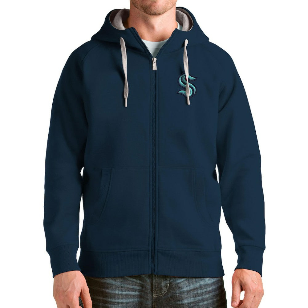 NHL Deep Sea Blue Seattle Kraken Antigua Logo Victory Full-Zip Hoodie
