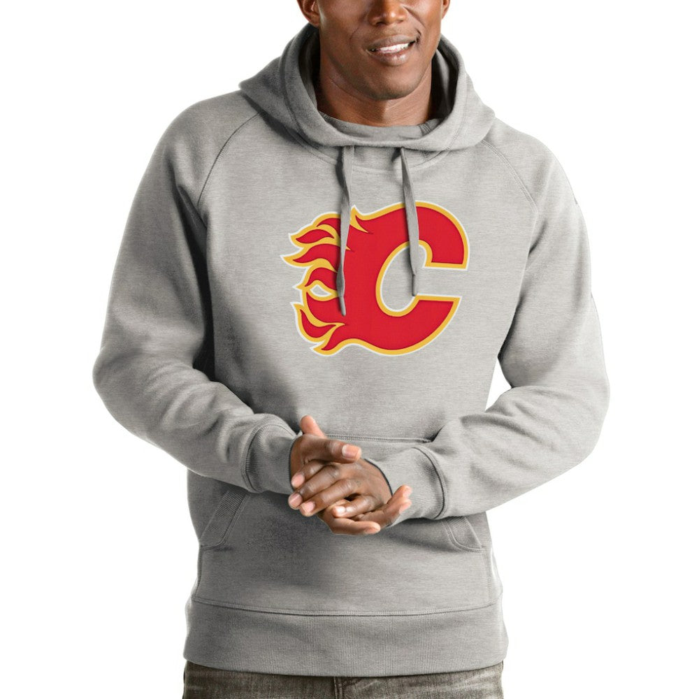 NHL Heathered Gray Calgary Flames Antigua Logo Victory Pullover Hoodie
