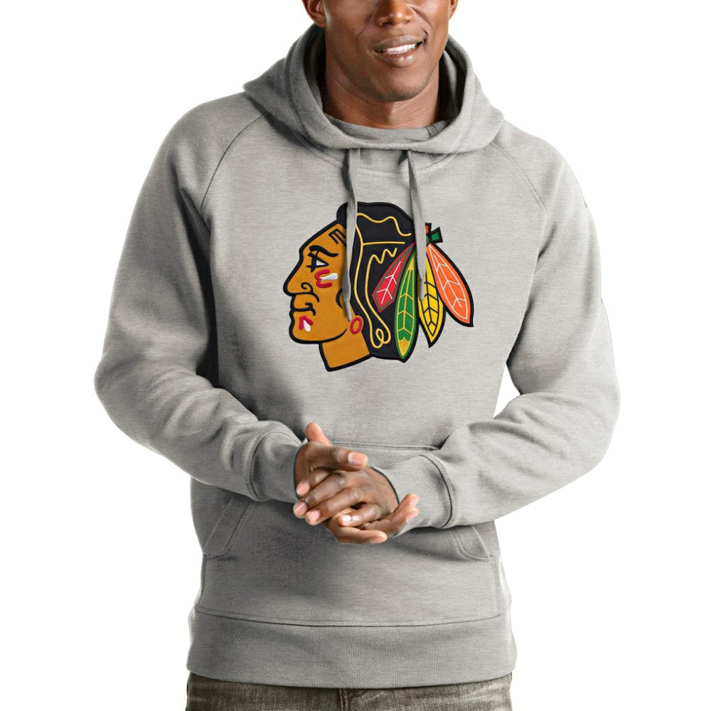 NHL Heathered Gray Chicago Blackhawks Antigua Logo Victory Pullover Hoodie