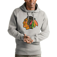 NHL Heathered Gray Chicago Blackhawks Antigua Logo Victory Pullover Hoodie