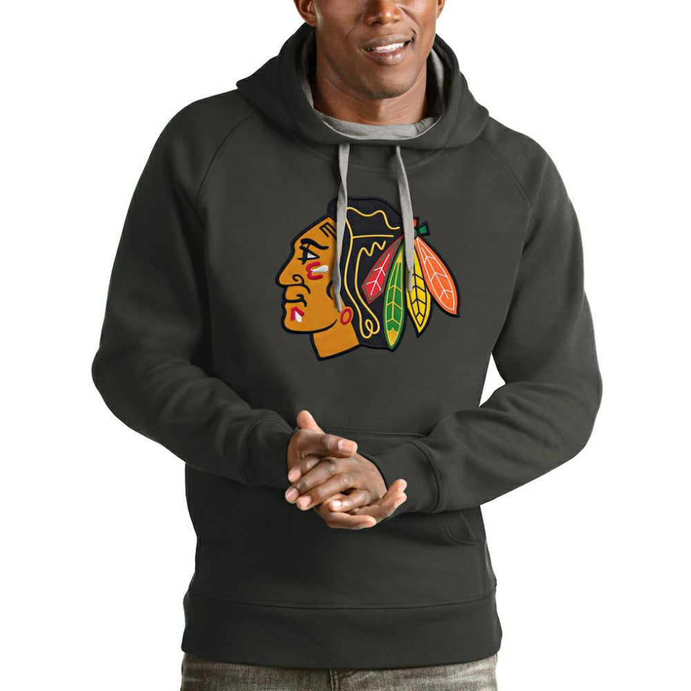 NHL Charcoal Chicago Blackhawks Antigua Logo Victory Pullover Hoodie