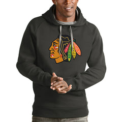 NHL Charcoal Chicago Blackhawks Antigua Logo Victory Pullover Hoodie