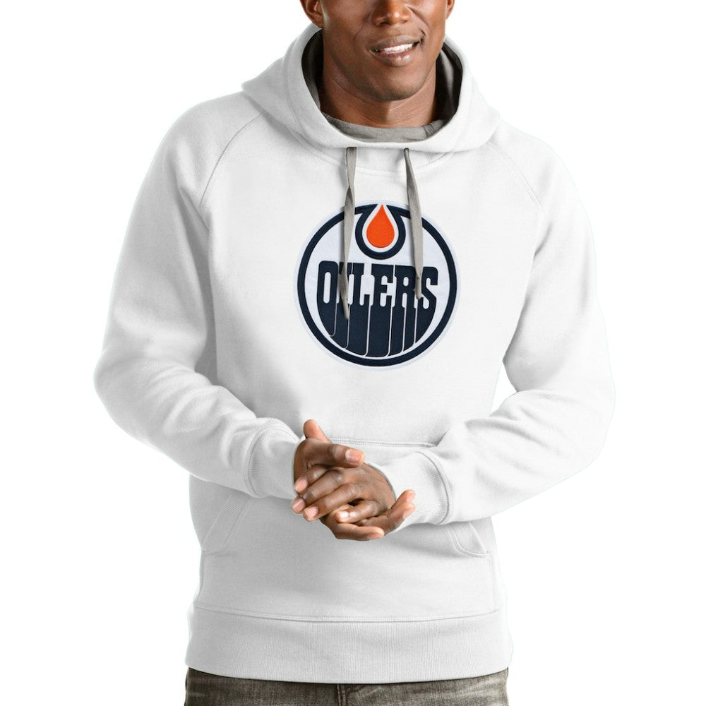 NHL White Edmonton Oilers Antigua Logo Victory Pullover Hoodie