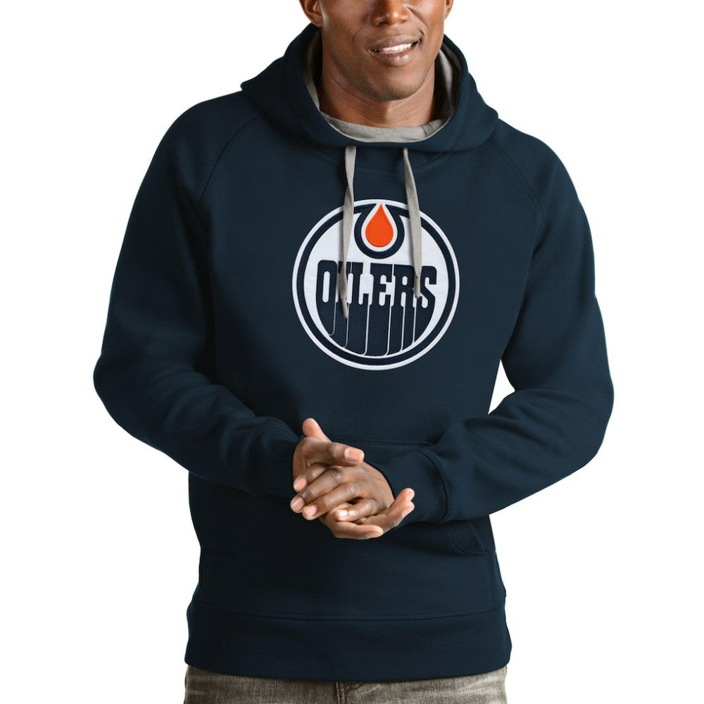 NHL Navy Edmonton Oilers Antigua Logo Victory Pullover Hoodie