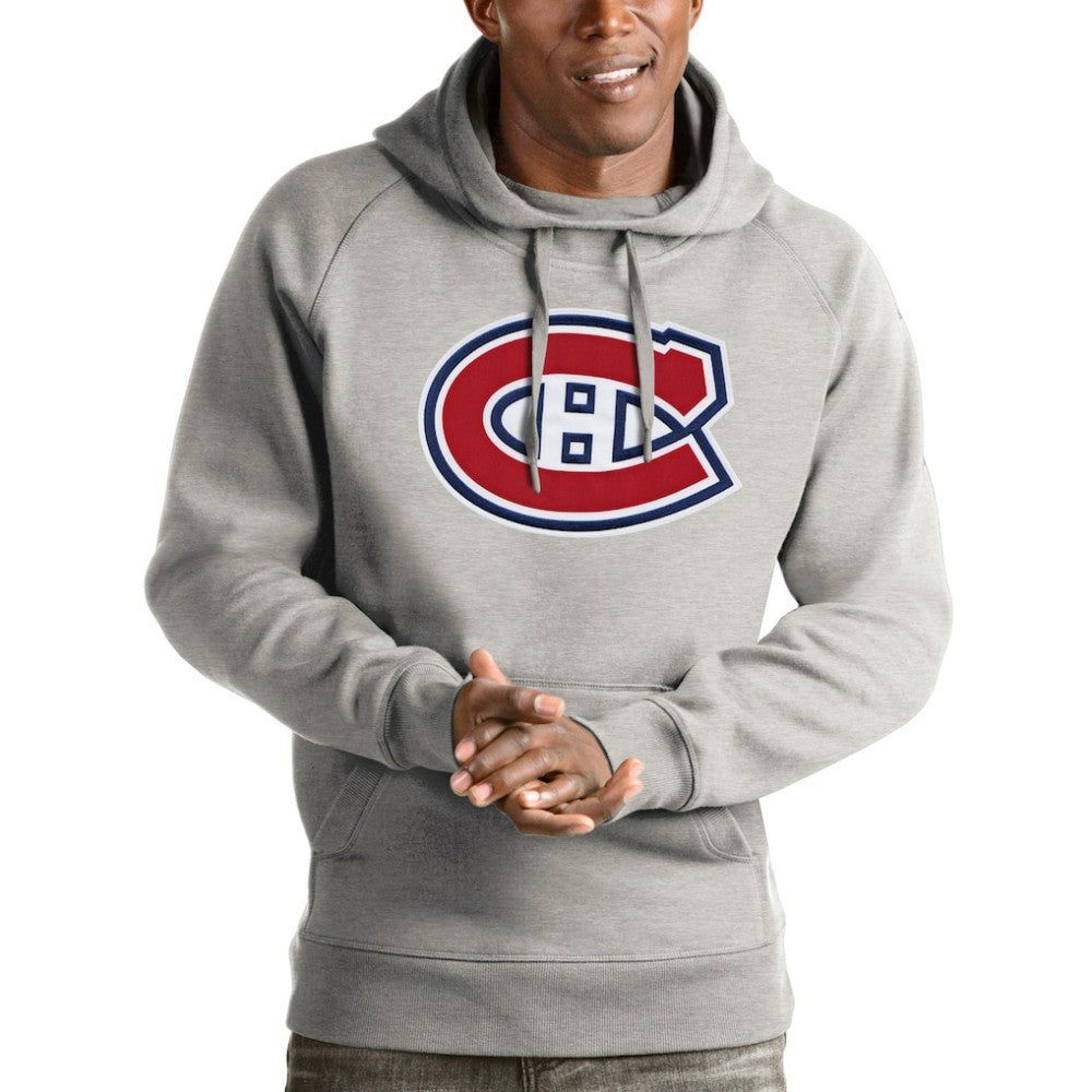 NHL Heathered Gray Montreal Canadiens Antigua Logo Victory Pullover Hoodie