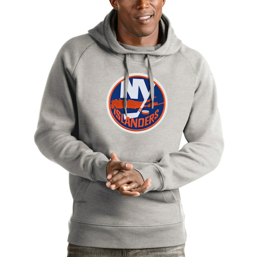 NHL Heathered Gray New York Islanders Antigua Logo Victory Pullover Hoodie