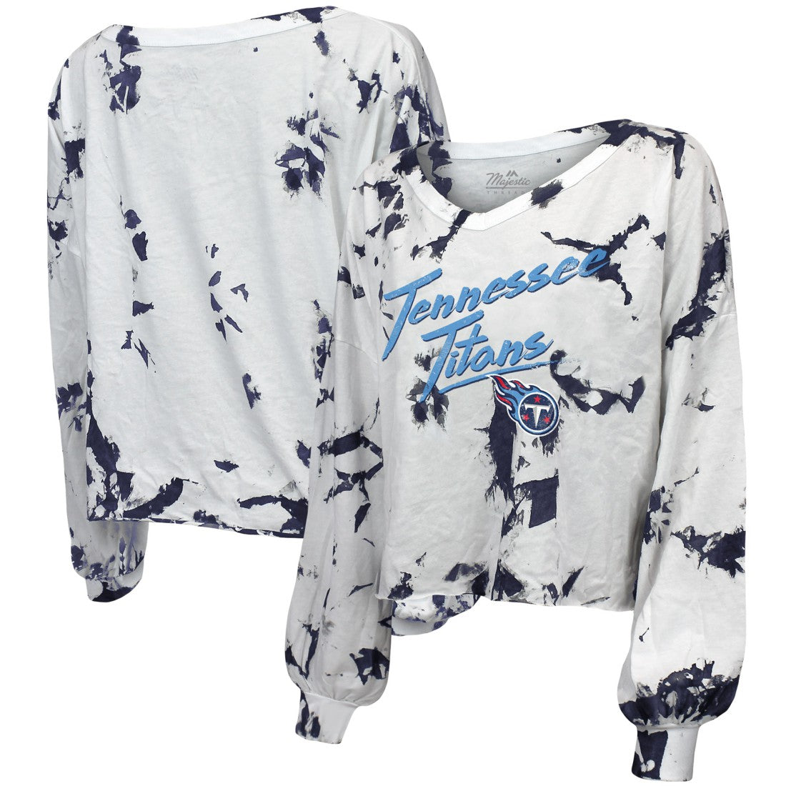 Majestic Threads Women's Off-Shoulder Tie-Dye V-Neck Long Sleeve T-Shirt - Tennessee Titans
