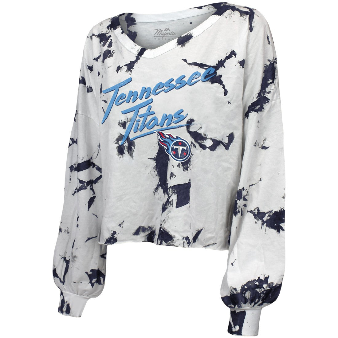 Majestic Threads Women's Off-Shoulder Tie-Dye V-Neck Long Sleeve T-Shirt - Tennessee Titans