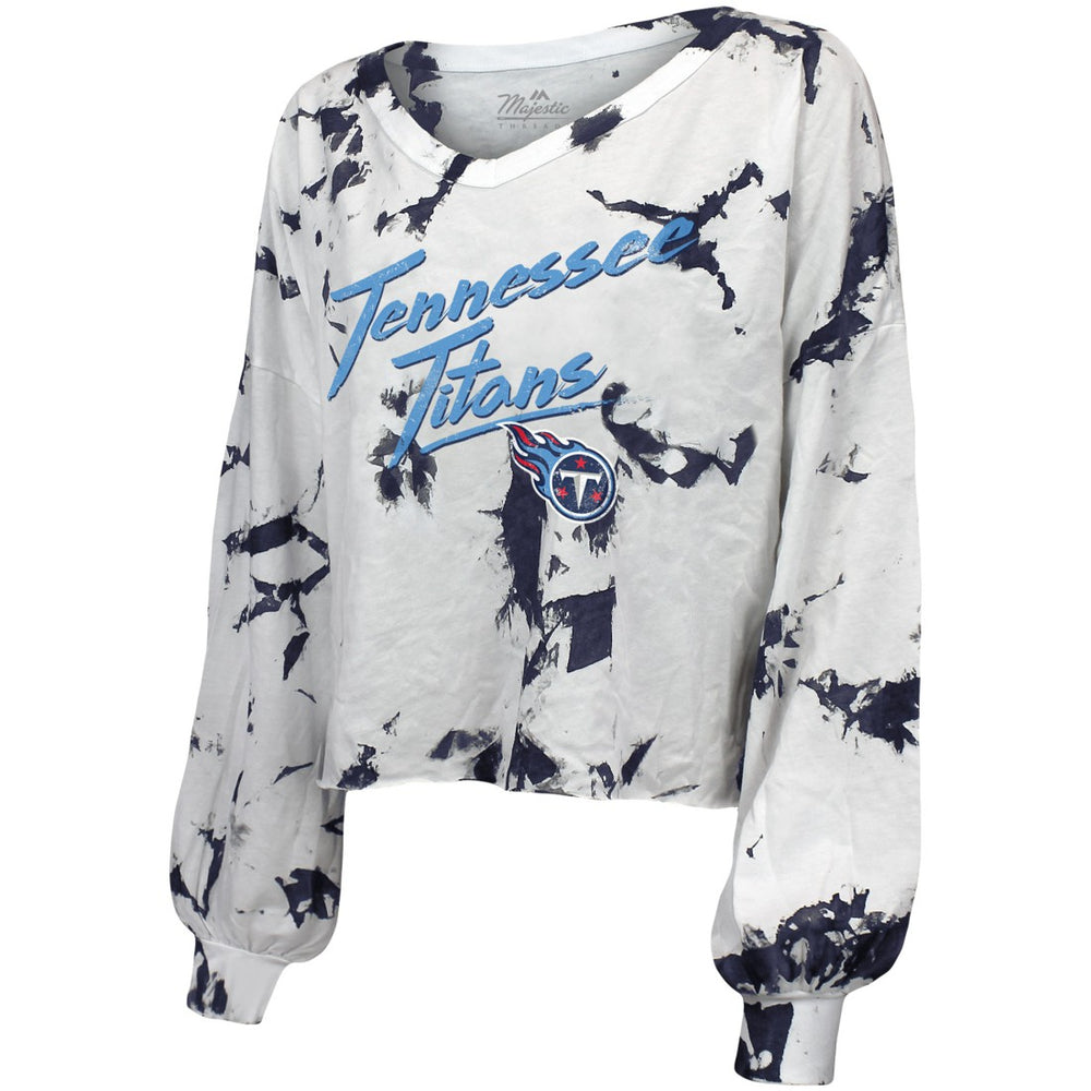 Majestic Threads Women's Off-Shoulder Tie-Dye V-Neck Long Sleeve T-Shirt - Tennessee Titans