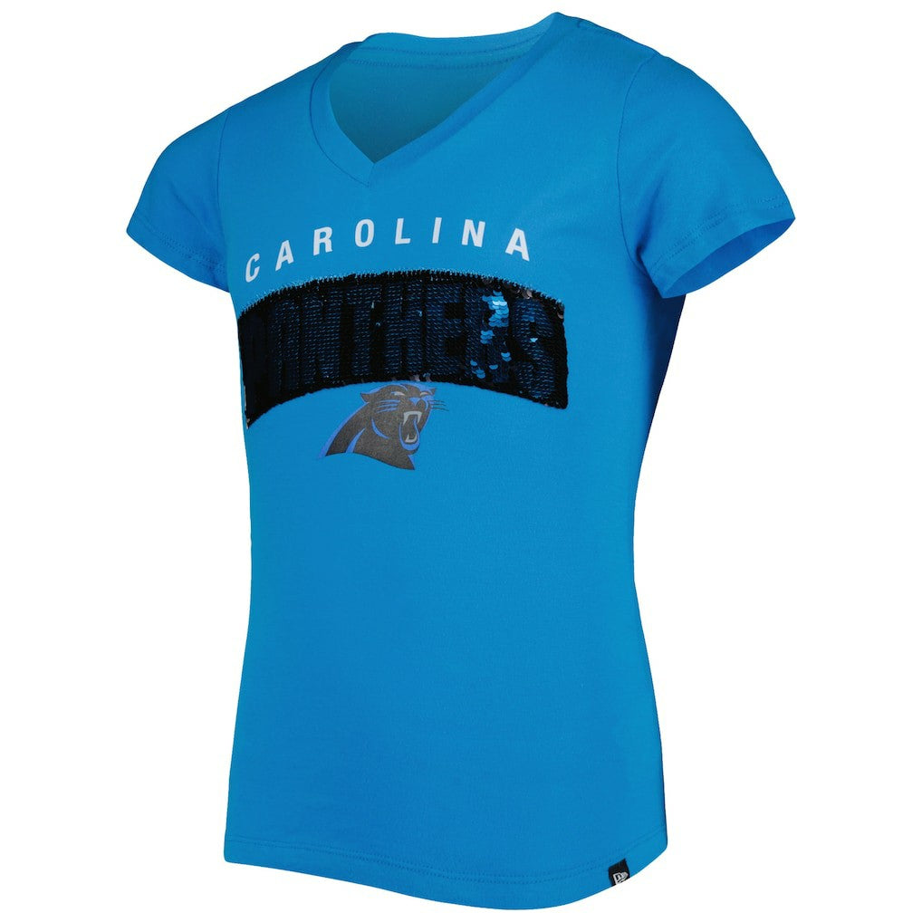 Girls Youth Reverse Sequin Wordmark V-Neck T-Shirt - Carolina Panthers