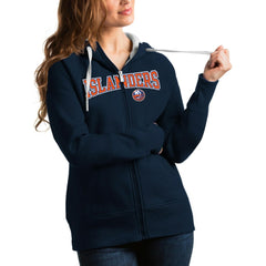 NHL Navy New York Islanders Antigua Women's Wordmark Victory Full-Zip Hoodie
