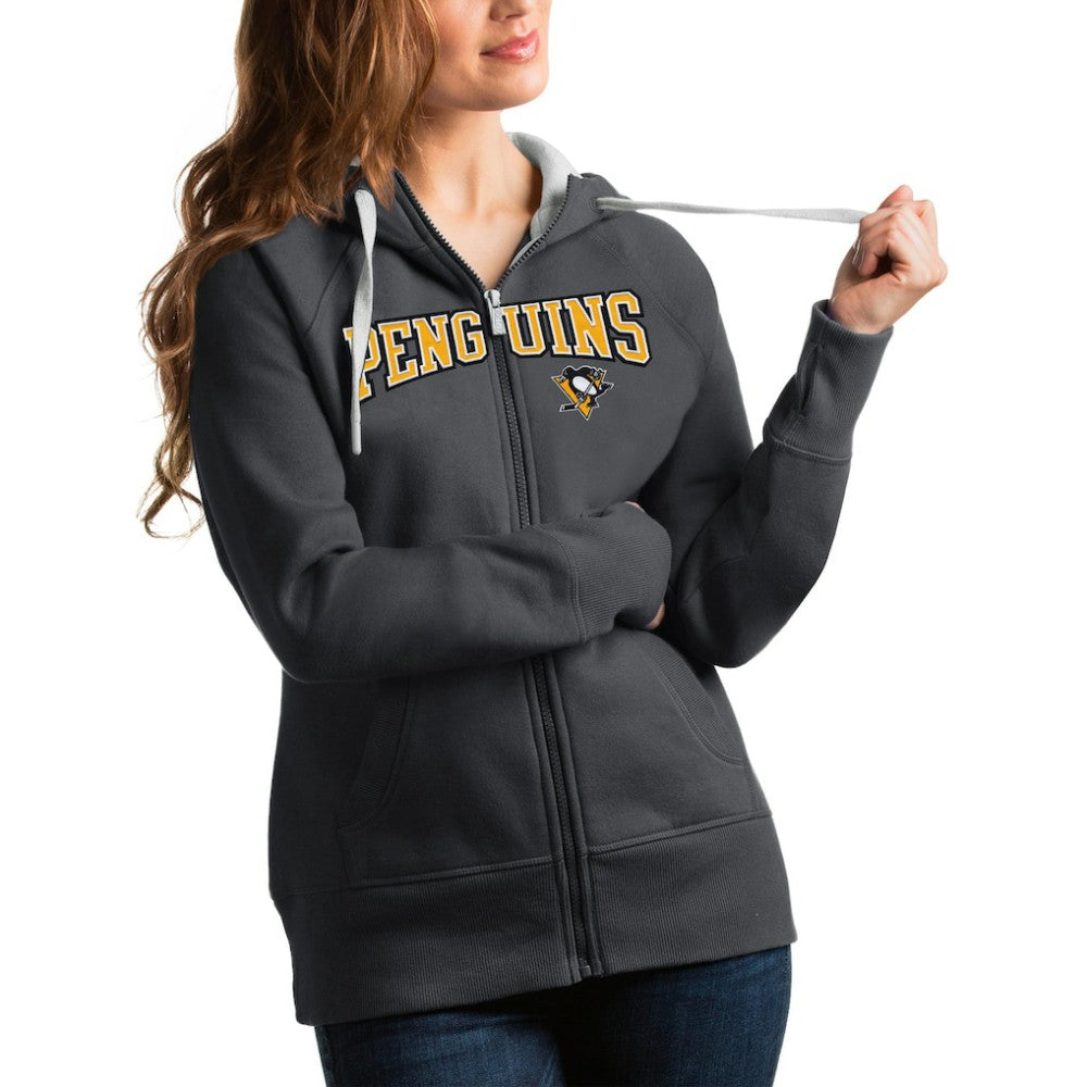 NHL Charcoal Pittsburgh Penguins Antigua Women's Wordmark Victory Full-Zip Hoodie