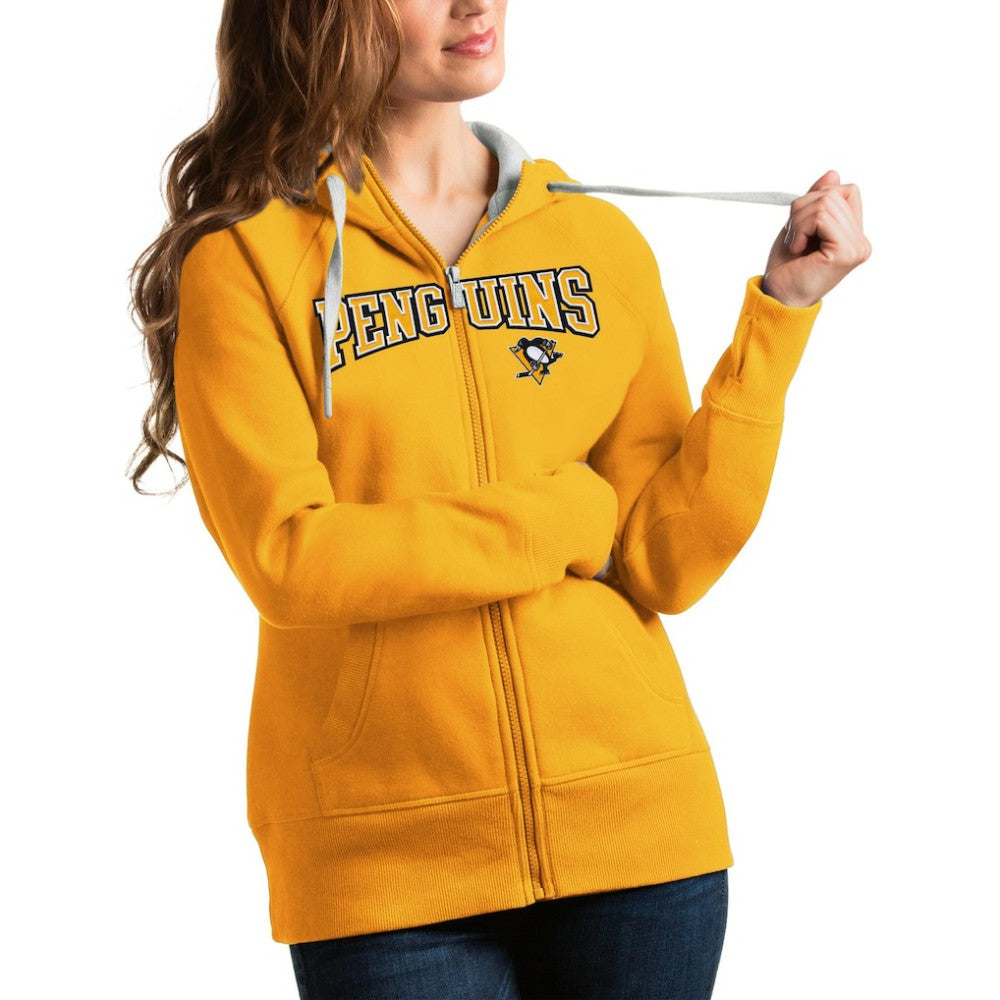 NHL Gold Pittsburgh Penguins Antigua Women's Wordmark Victory Full-Zip Hoodie