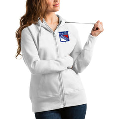NHL White New York Rangers Antigua Women's Victory Full-Zip Hoodie