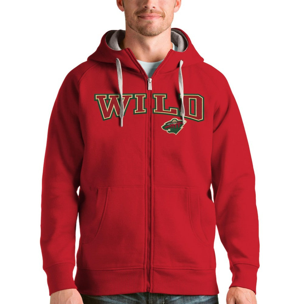NHL Red Minnesota Wild Antigua Wordmark Victory Full-Zip Hoodie