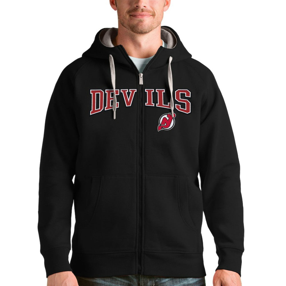 NHL Black New Jersey Devils Antigua Wordmark Victory Full-Zip Hoodie
