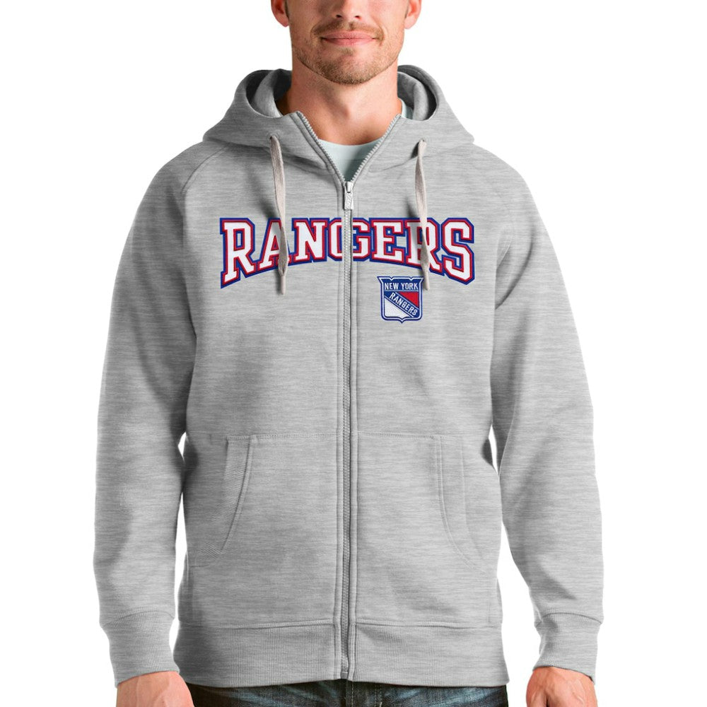 NHL Heathered Gray New York Rangers Antigua Wordmark Victory Full-Zip Hoodie
