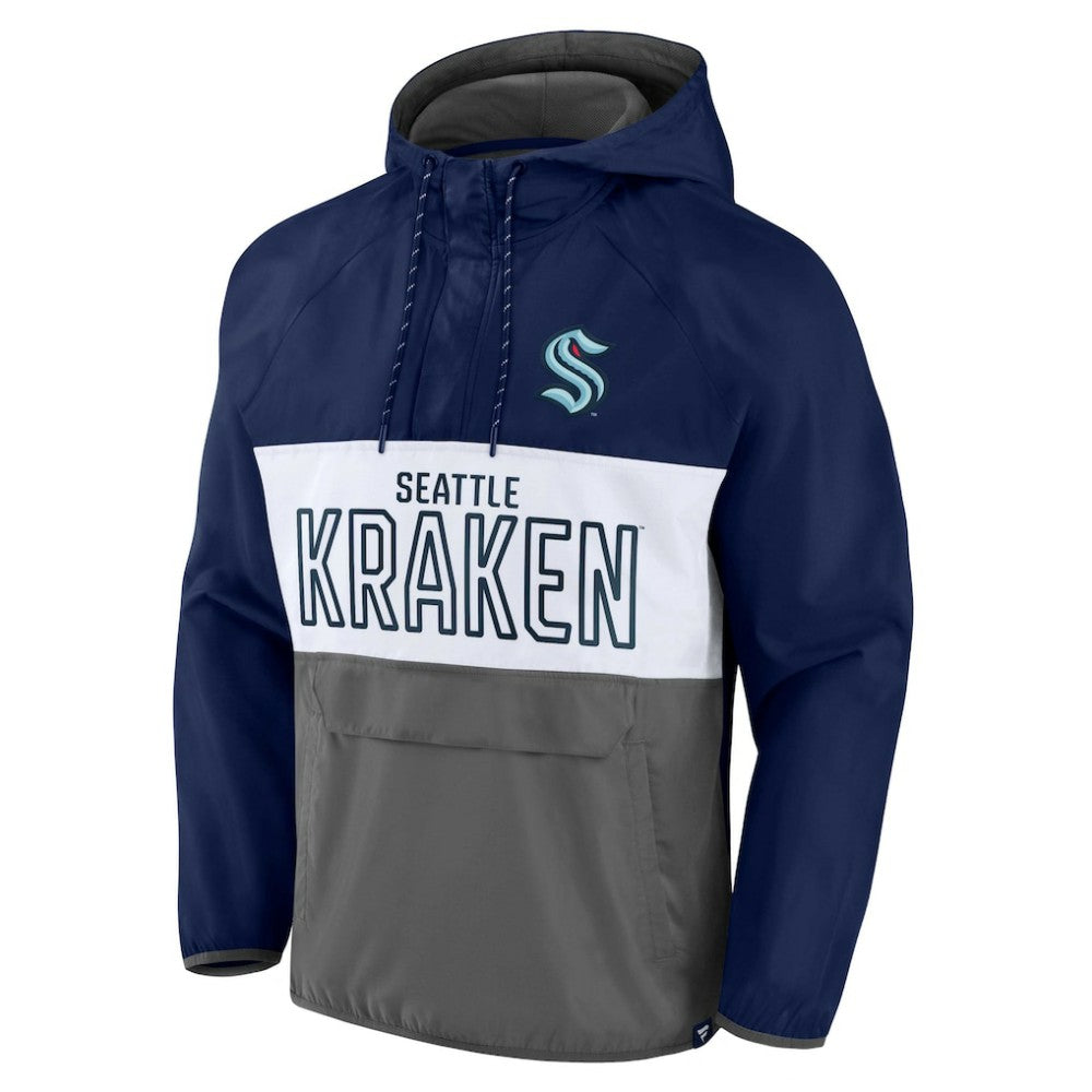 NHL Deep Sea Blue/Gray Seattle Kraken Fanatics Backhand Shooter Defender Anorak Raglan Hoodie Quarter-Zip Jacket