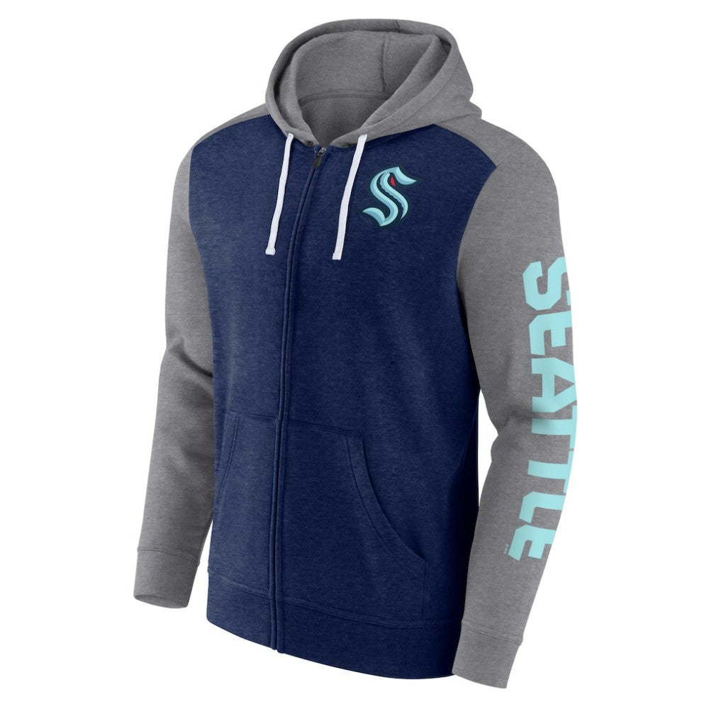 NHL Heather Deep Sea Blue Seattle Kraken Fanatics Down and Distance Full-Zip Hoodie