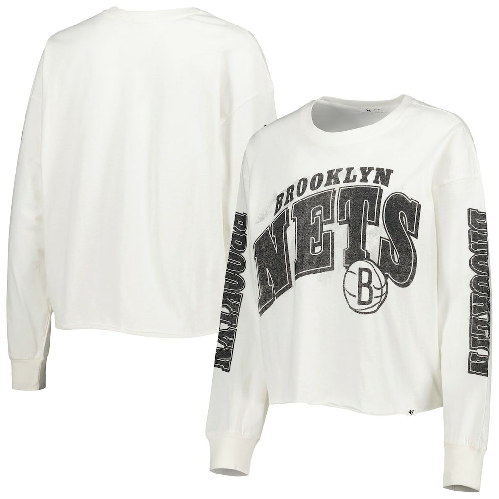 NBA Brooklyn Nets '47 Women's Parkway Brush Back Long Sleeve Cropped T-Shirt