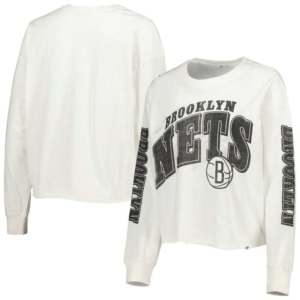NBA Brooklyn Nets '47 Women's Parkway Brush Back Long Sleeve Cropped T-Shirt