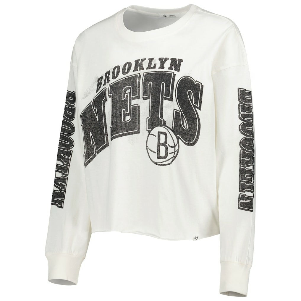 NBA Brooklyn Nets '47 Women's Parkway Brush Back Long Sleeve Cropped T-Shirt