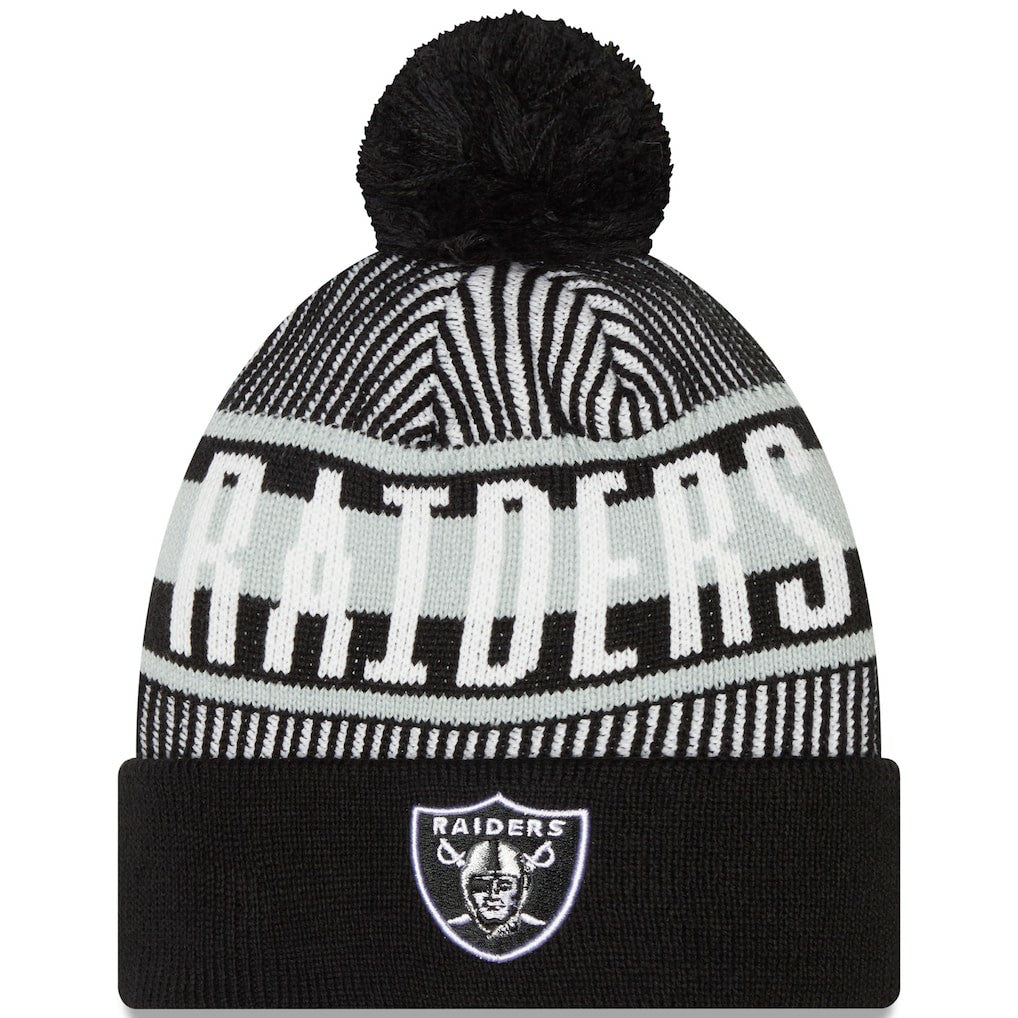 Striped Cuffed Knit Hat with Pom - Las Vegas Raiders